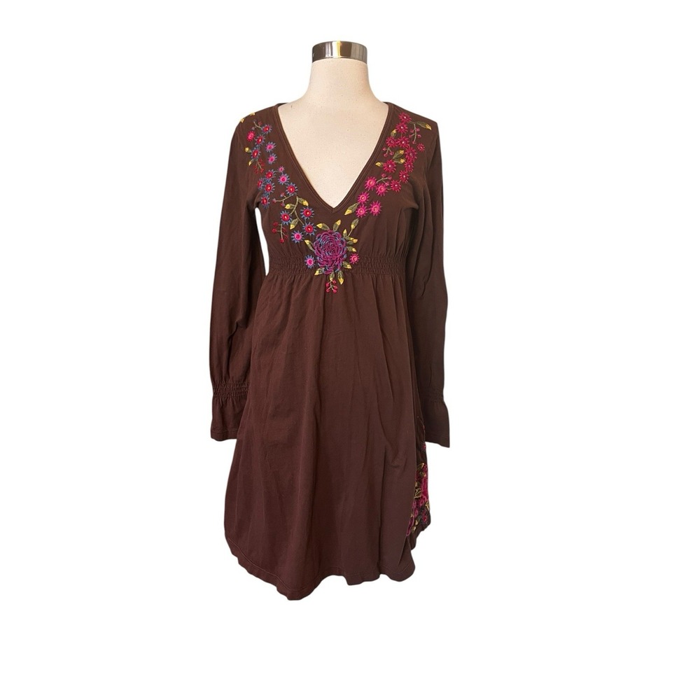 Johnny Was JWLA Dress Medium Brown Embroidered V Neck Long Sleeve